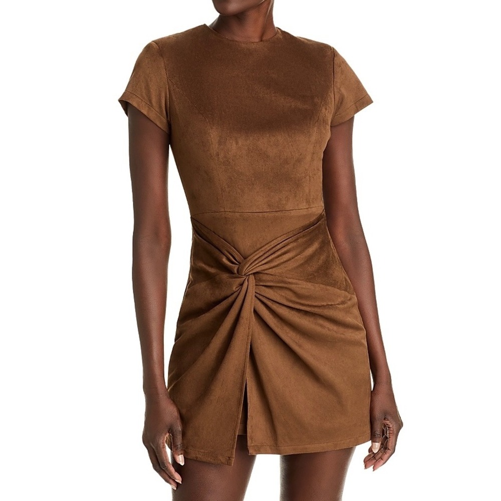 AQUA Brown Mini Dress Short Sleeve Twist Front Bodycon Cocktail Party Womens